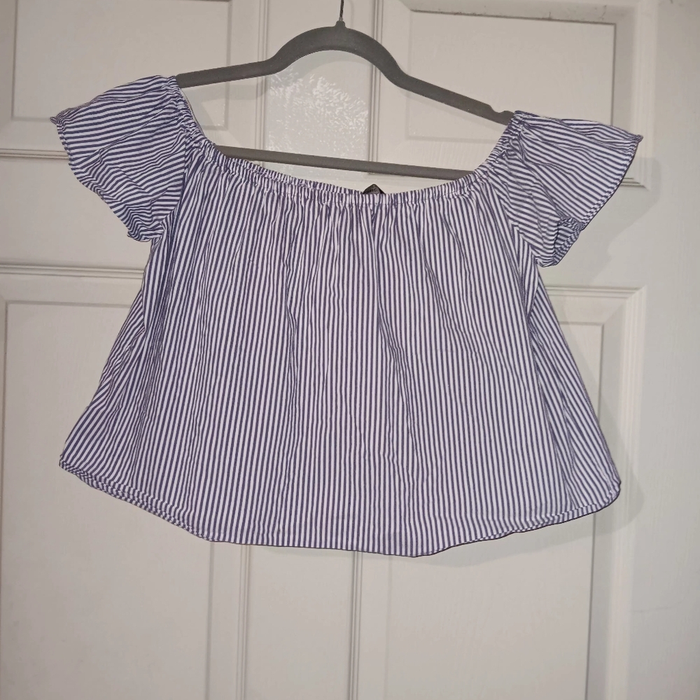 Zara Basic Black and White Striped Off The Shoulder Blouse Sz S